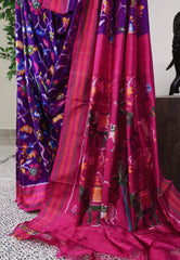 Purple Patola with Rani Pink Border Ikkat Silk Saree With Blouse Piece - Adi Akshoy & Co.