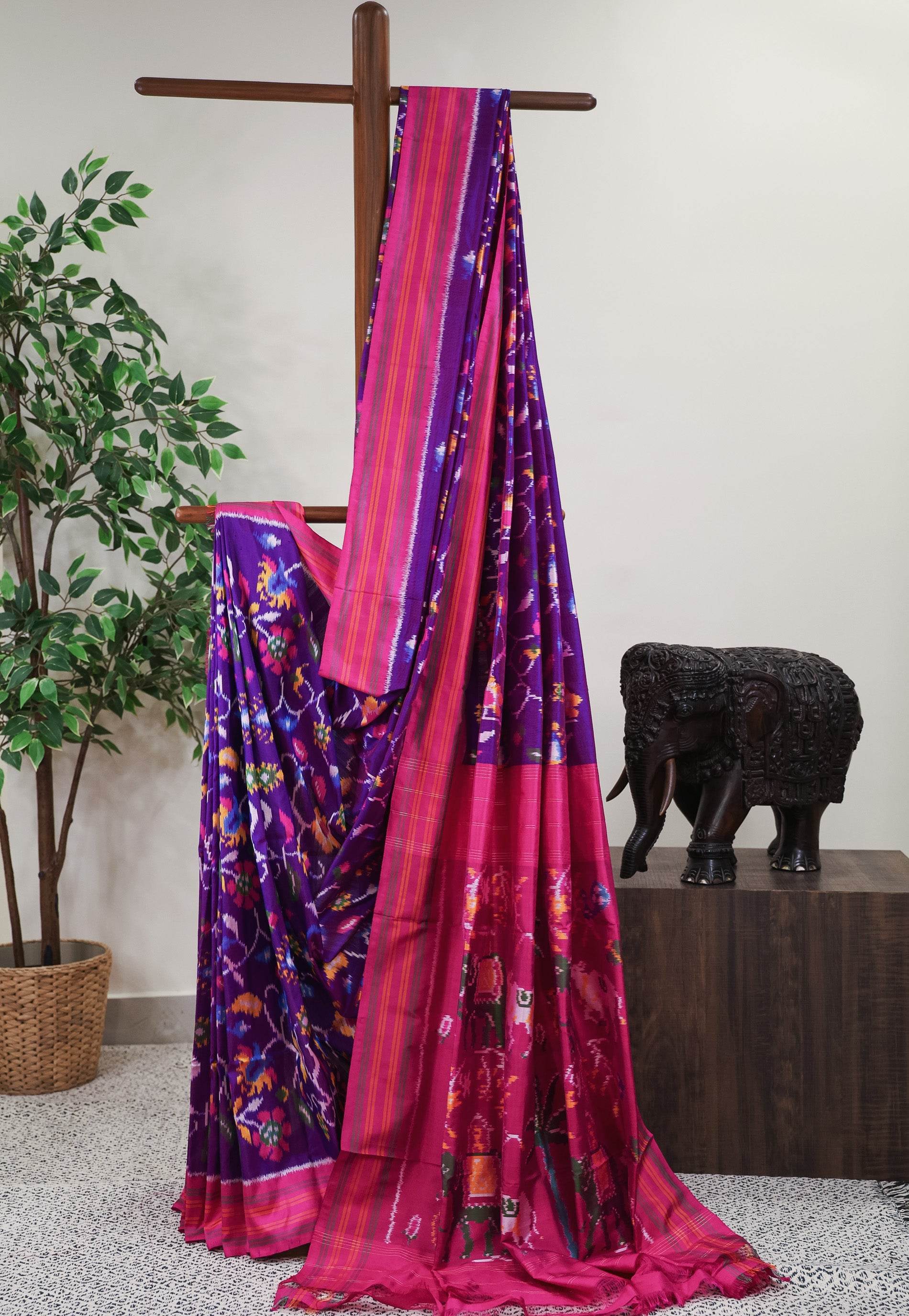 Purple Patola with Rani Pink Border Ikkat Silk Saree With Blouse Piece - Adi Akshoy & Co.