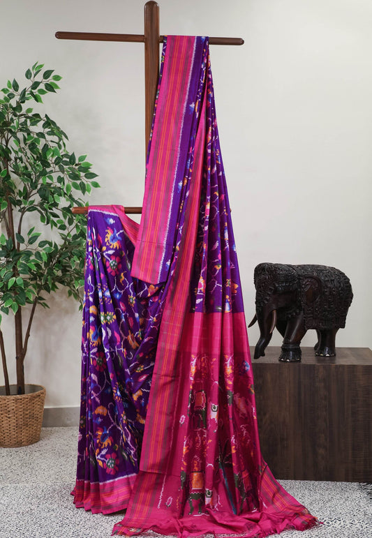 Purple Patola with Rani Pink Border Ikkat Silk Saree With Blouse Piece - Adi Akshoy & Co.
