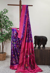 Purple Patola with Rani Pink Border Ikkat Silk Saree With Blouse Piece - Adi Akshoy & Co.