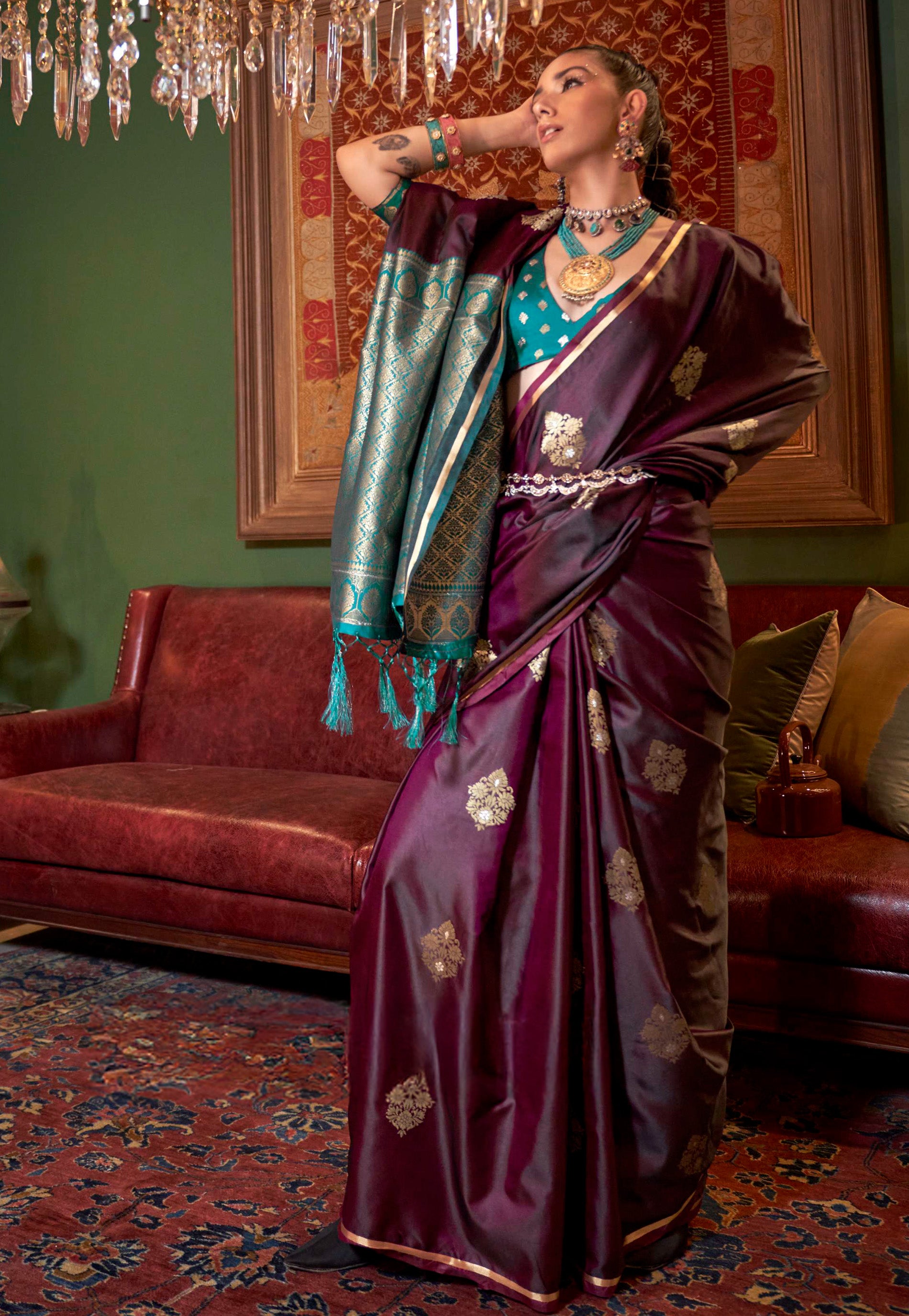 Cross Maroon Mashru Silk Saree with Blouse Piece