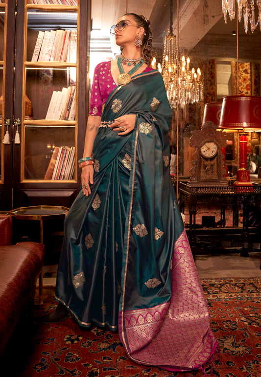 Cross Bottle Green Mashru Silk Saree with Blouse Piece