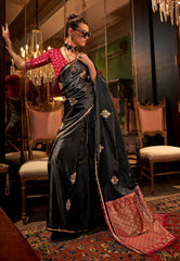 Black Mashru Silk Saree with Blouse Piece - Adi Akshoy & Co.