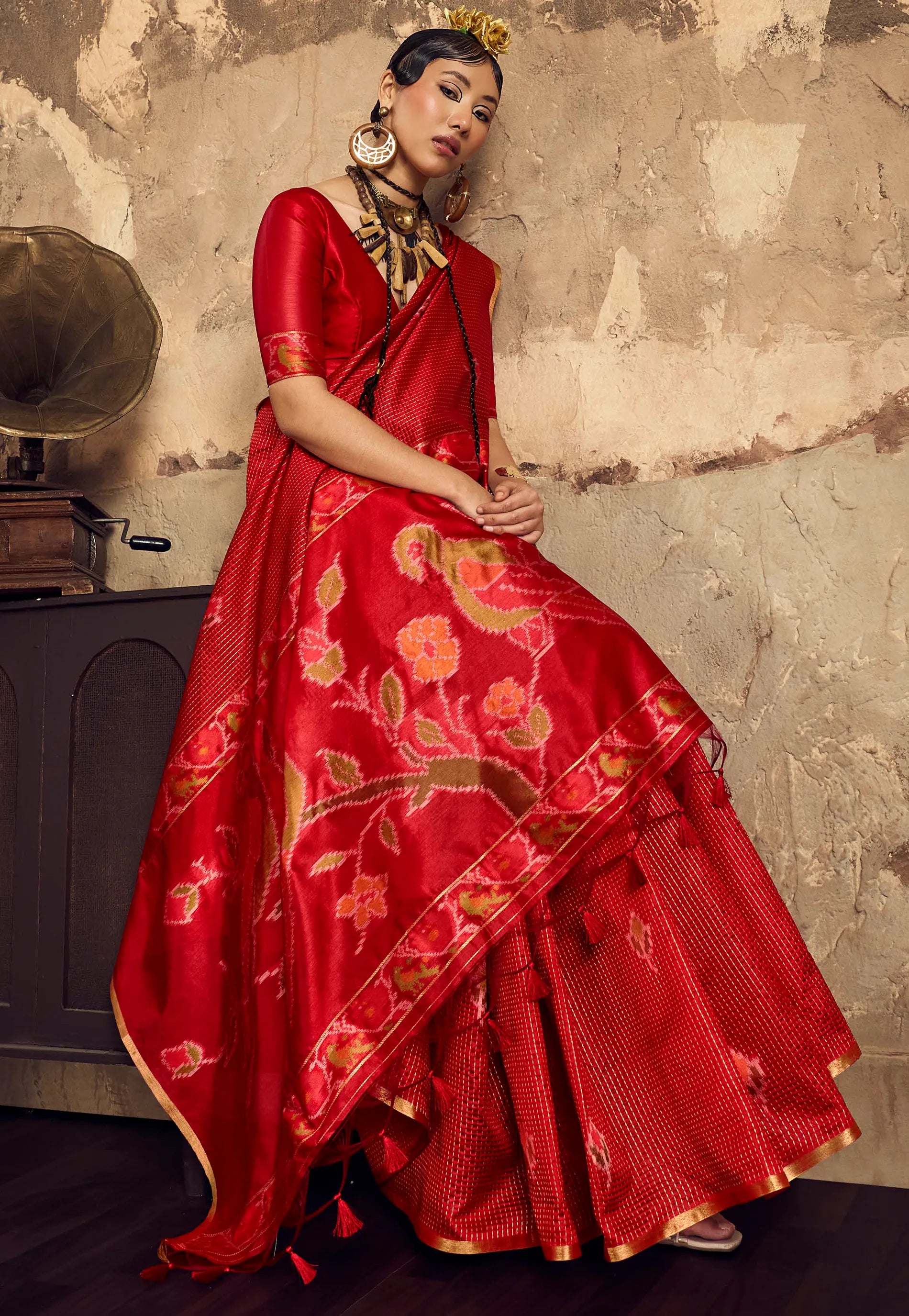 Red Tussar Silk Saree with Blouse Piece - Adi Akshoy & Co.