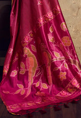 Magenta Tussar Silk Saree with Blouse Piece - Adi Akshoy & Co.