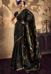 Black Tussar Silk Saree with Blouse Piece - Adi Akshoy & Co.