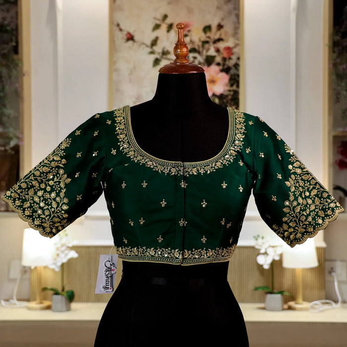 Bottle Green Round-Neck with Zari work Blouse