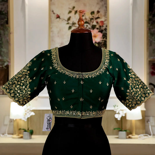 Bottle Green Round-Neck with Zari work Blouse