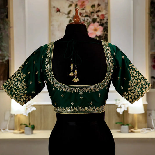 Bottle Green Round-Neck with Zari work Blouse