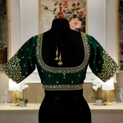 Bottle Green Round-Neck with Zari work Blouse