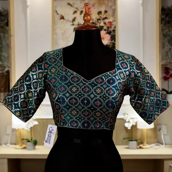 Rama Green Square V-Neck Blouse with Zari work Blouse