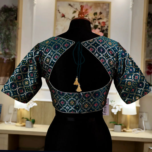 Rama Green Square V-Neck Blouse with Zari work Blouse