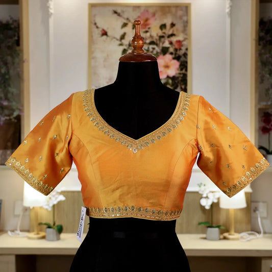 Mango Yellow Round shape V- Neck Blouse with Zari work