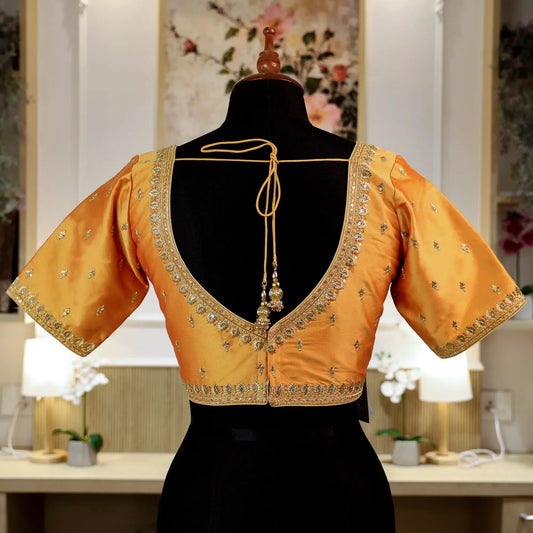 Mango Yellow Round shape V- Neck Blouse with Zari work
