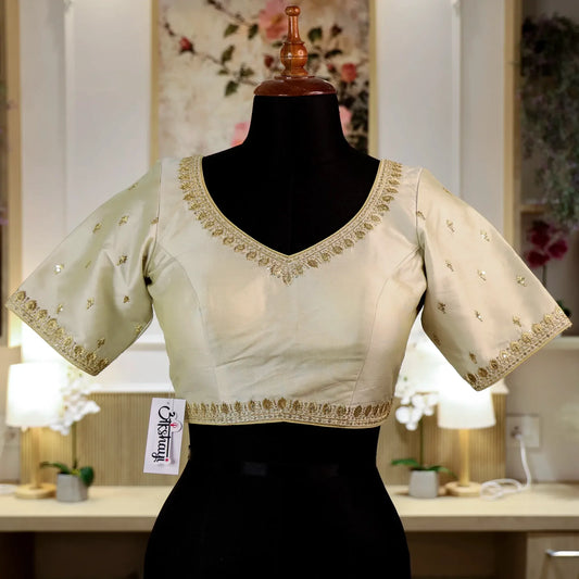 Off White Round shape V- Neck Blouse with Zari work