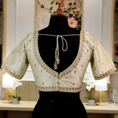 Off White Round shape V- Neck Blouse with Zari work