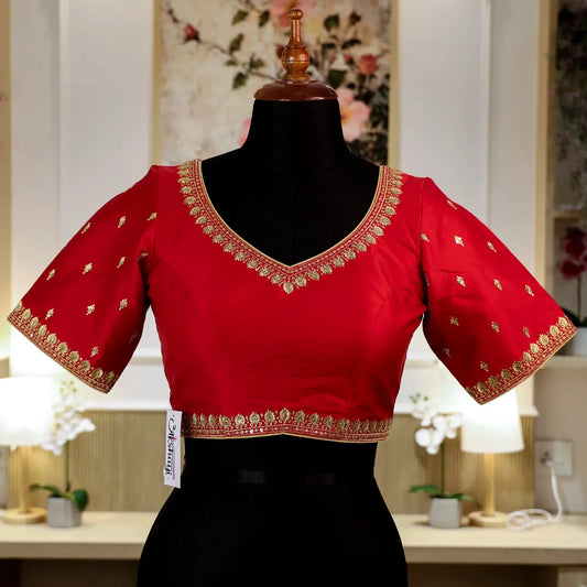 Dark Red Round shape V- Neck Blouse with Zari work