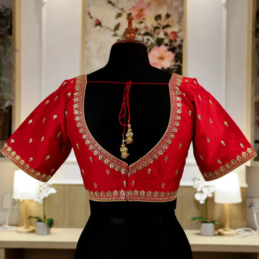 Dark Red Round shape V- Neck Blouse with Zari work