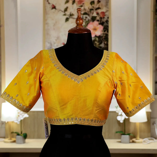 Yellow Round shape V- Neck Blouse with Zari work