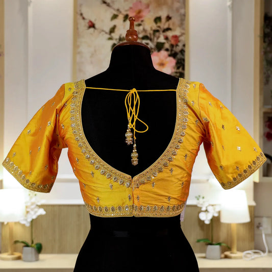 Yellow Round shape V- Neck Blouse with Zari work