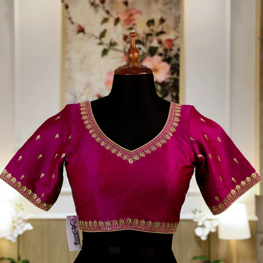 Magenta Round shape V- Neck Blouse with Zari work
