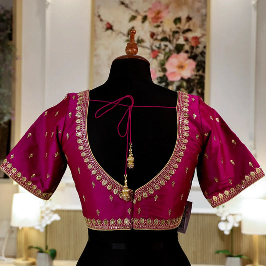 Magenta Round shape V- Neck Blouse with Zari work