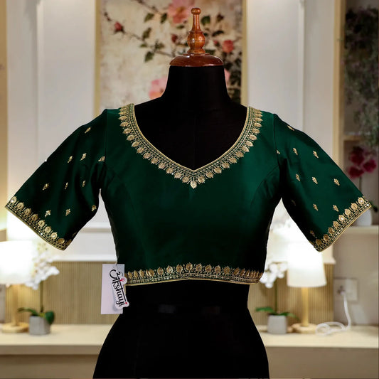 Rama Green Round shape V- Neck Blouse with Zari work
