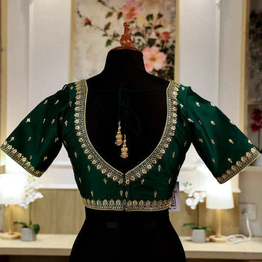 Rama Green Round shape V- Neck Blouse with Zari work