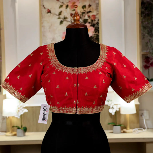 Dark Red Round - Neck Blouse with Zari work