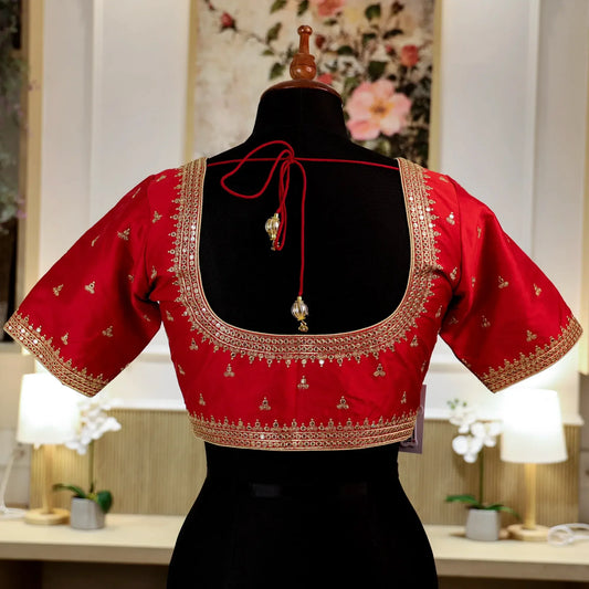 Dark Red Round - Neck Blouse with Zari work