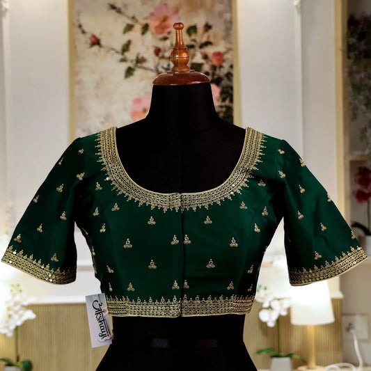Rama Green Round - Neck Blouse with Zari work