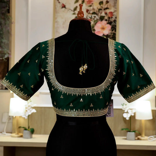 Rama Green Round - Neck Blouse with Zari work