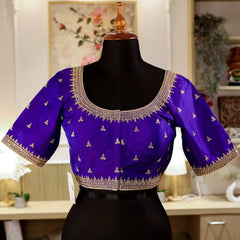 Royal Blue Round - Neck Blouse with Zari work