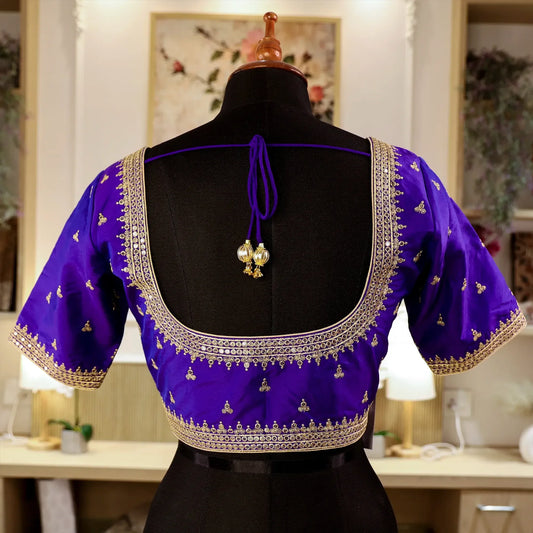 Royal Blue Round - Neck Blouse with Zari work