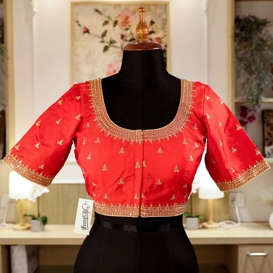 Red Round - Neck Blouse with Zari work