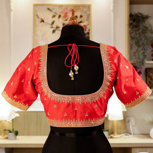 Red Round - Neck Blouse with Zari work