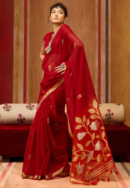 Red Tussar Silk Saree with Blouse Piece - Adi Akshoy & Co.