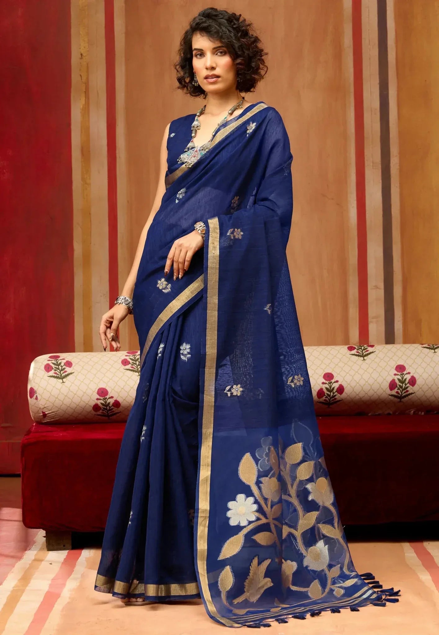 Navy Blue Tussar Silk Saree With Blouse Piece - Adi Akshoy & Co.