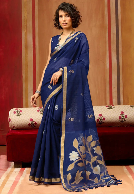 Navy Blue Tussar Silk Saree With Blouse Piece - Adi Akshoy & Co.
