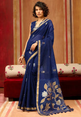 Navy Blue Tussar Silk Saree With Blouse Piece - Adi Akshoy & Co.