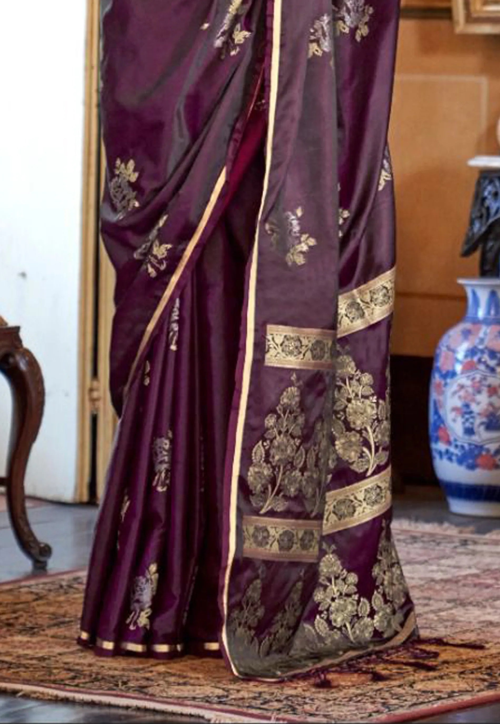 Cross Maroon Mashru Silk Saree with Blouse Piece