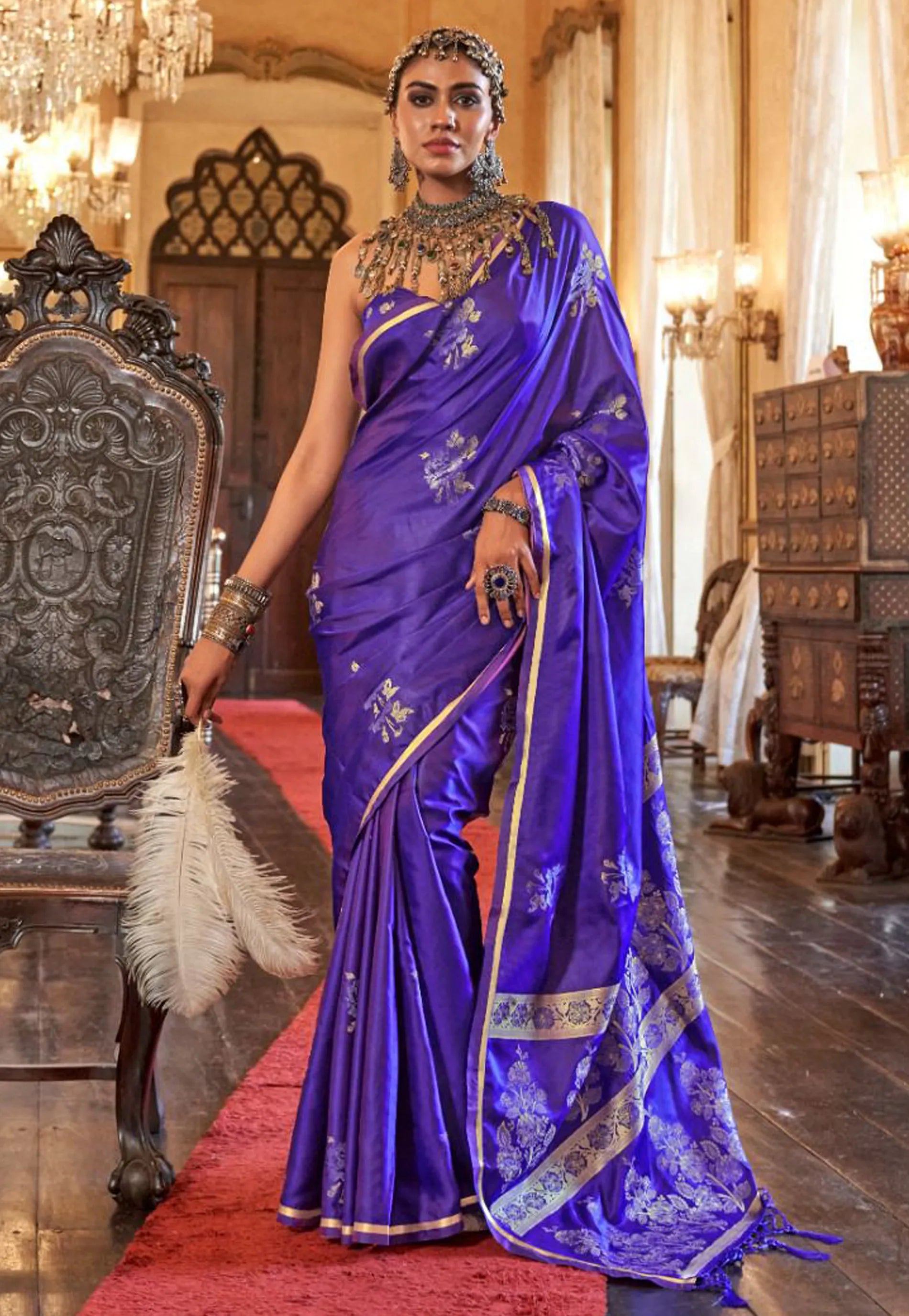 Cross Purple Mashru Silk Saree with Blouse Piece