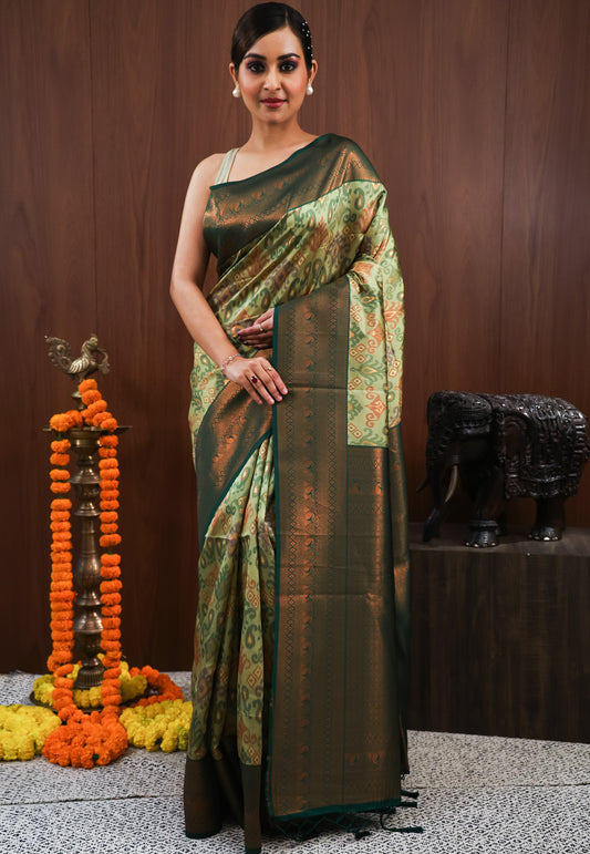 Sage Green with Bottle Green Border Saree Ikkat With Blouse Piece