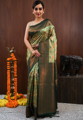 Sage Green with Bottle Green Border Saree Ikkat With Blouse Piece