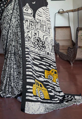 Black Ajrakh Print Modal Silk Saree With Blouse Piece  – Adi Akshoy & Co.