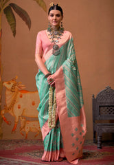 Pastel Sea Green Kanjivaram Silk Saree With Blouse Piece - Adi Akshoy & Co.