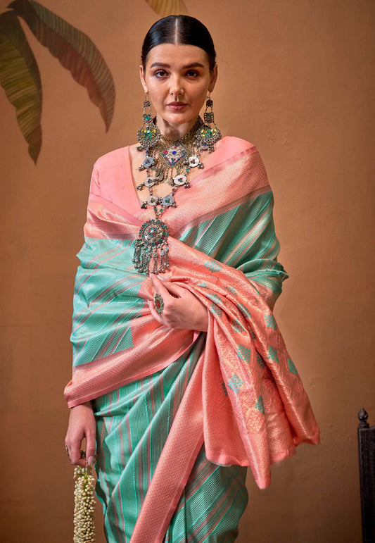 Pastel Sea Green Kanjivaram Silk Saree With Blouse Piece - Adi Akshoy & Co.