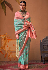 Pastel Sea Green Kanjivaram Silk Saree With Blouse Piece - Adi Akshoy & Co.