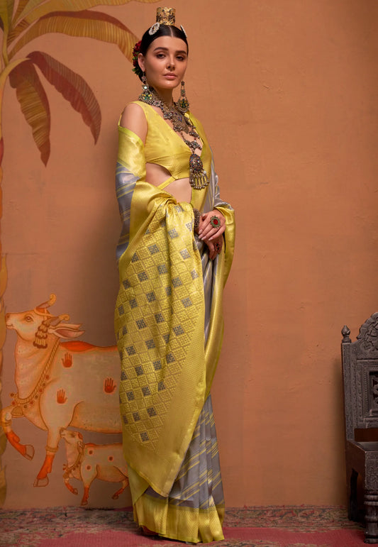 Grey Brocade Kanjivaram Silk Saree With Blouse Piece