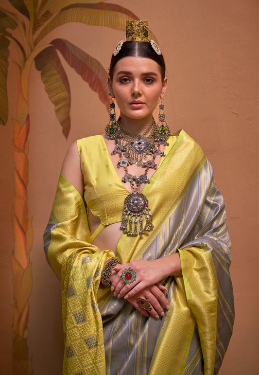 Grey Brocade Kanjivaram Silk Saree With Blouse Piece